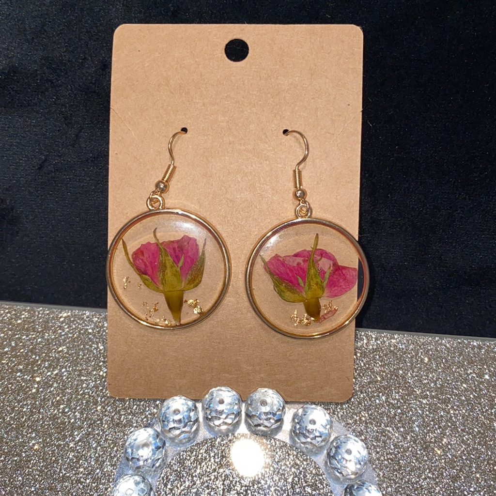 Pink Flowers Glass Teardrop Earrings On 14k Gold Filled. Handmade In Usa